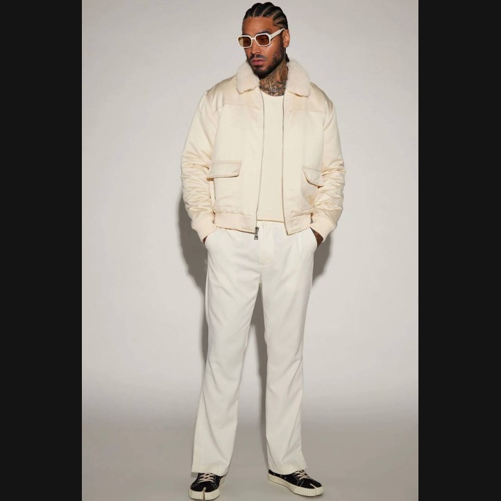 Faux Fur Collar Aviator Bomber Jacket | Cream