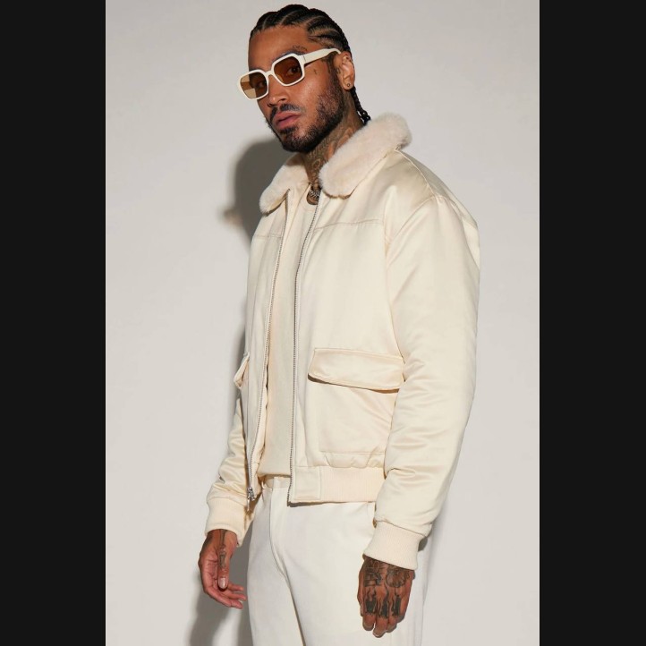 Faux Fur Collar Aviator Bomber Jacket | Cream