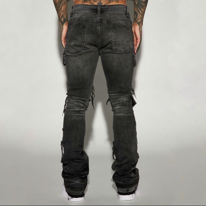 Side Snap Cargo Stacked Skinny Flare Jeans "Black Wash"