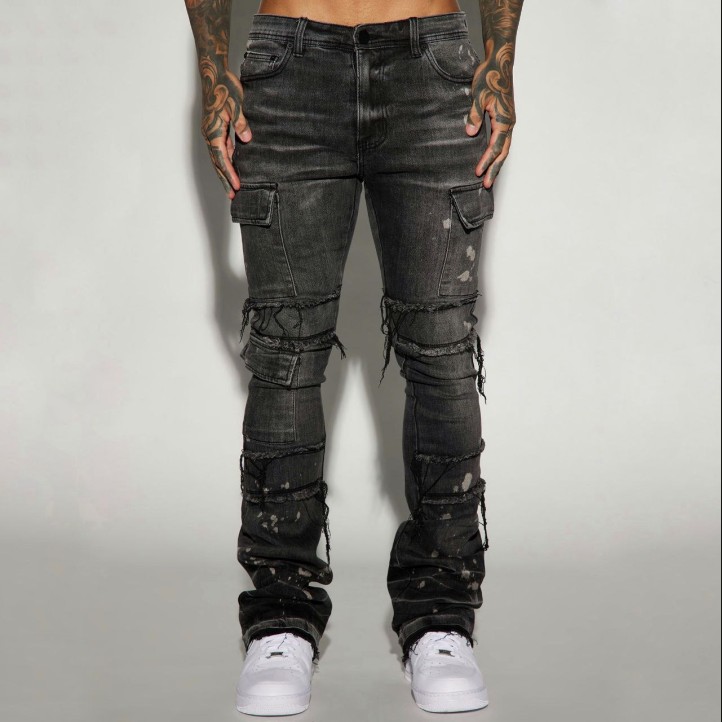 Side Snap Cargo Stacked Skinny Flare Jeans "Black Wash"