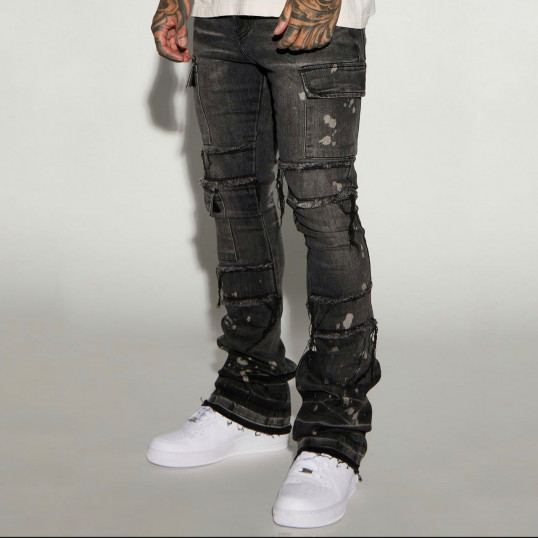 Side Snap Cargo Stacked Skinny Flare Jeans "Black Wash"