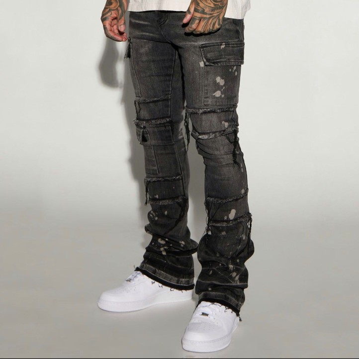 Side Snap Cargo Stacked Skinny Flare Jeans "Black Wash"