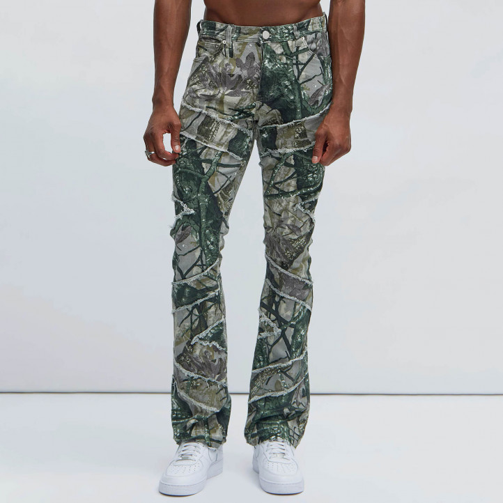 All Over Fray Stacked Skinny Flare Jeans "Green/Combo"