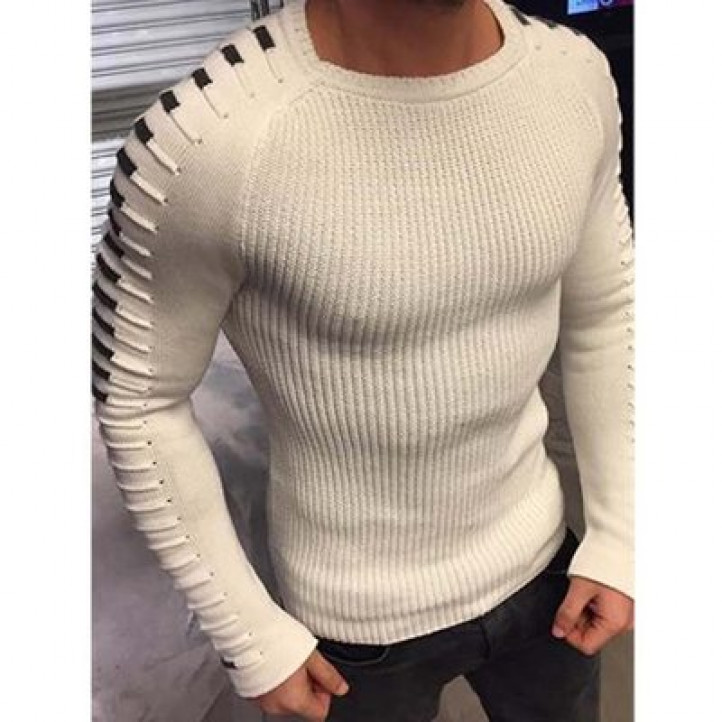 Knitted Striped Pleated Sweater | White