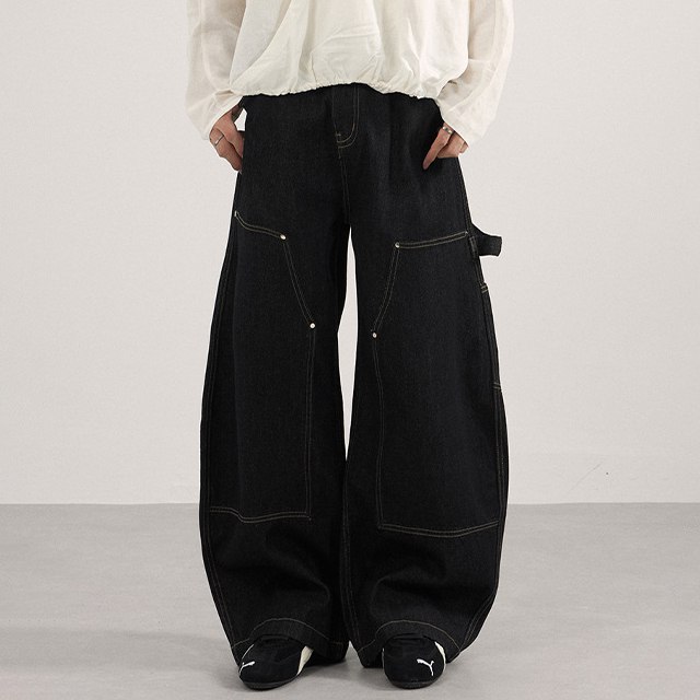 Oversized Baggy Balloon Shape Double Knee Carpenter Jeans "Black Denim"
