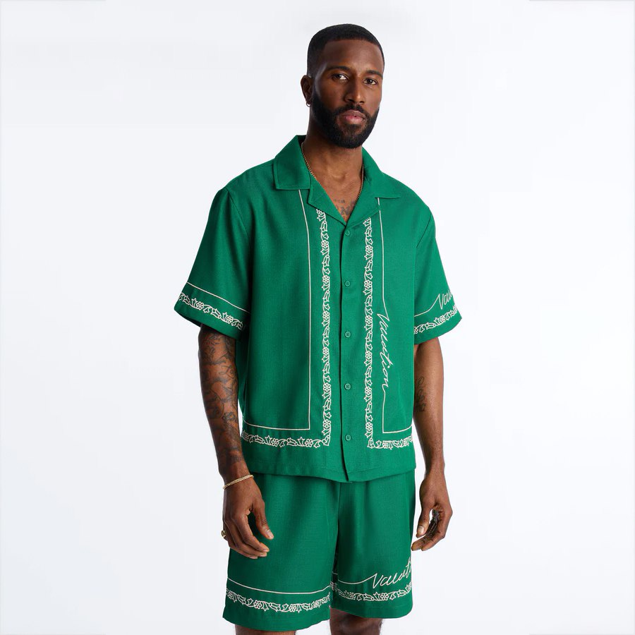 Kingston Embroidered Cuban Collar Button Up Shirt - Green