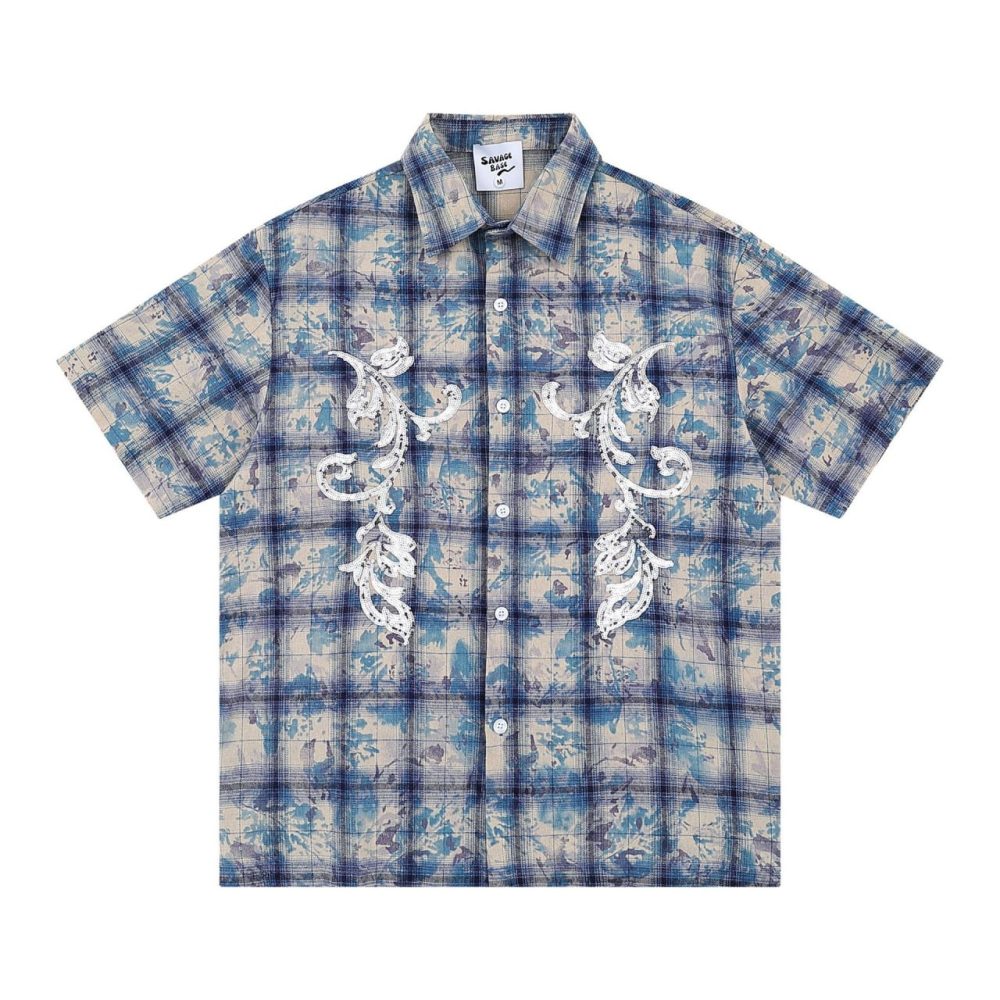 Рубашка Savage Base Blue Plaid Rhinestone Floral