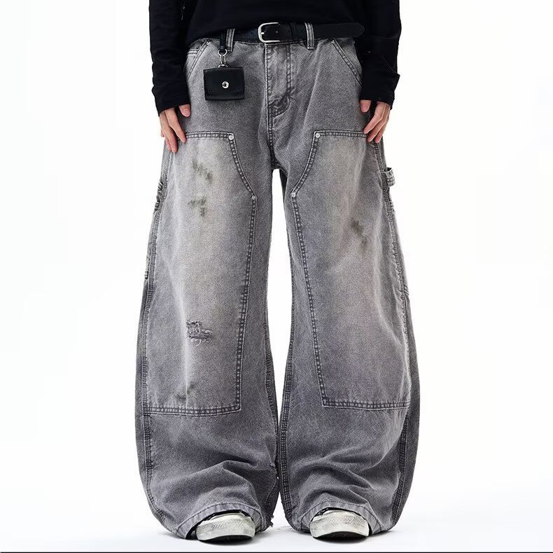 Vintage Ballon Shaped Distressed Double Knee Carpenter Baggy Jeans - Grey